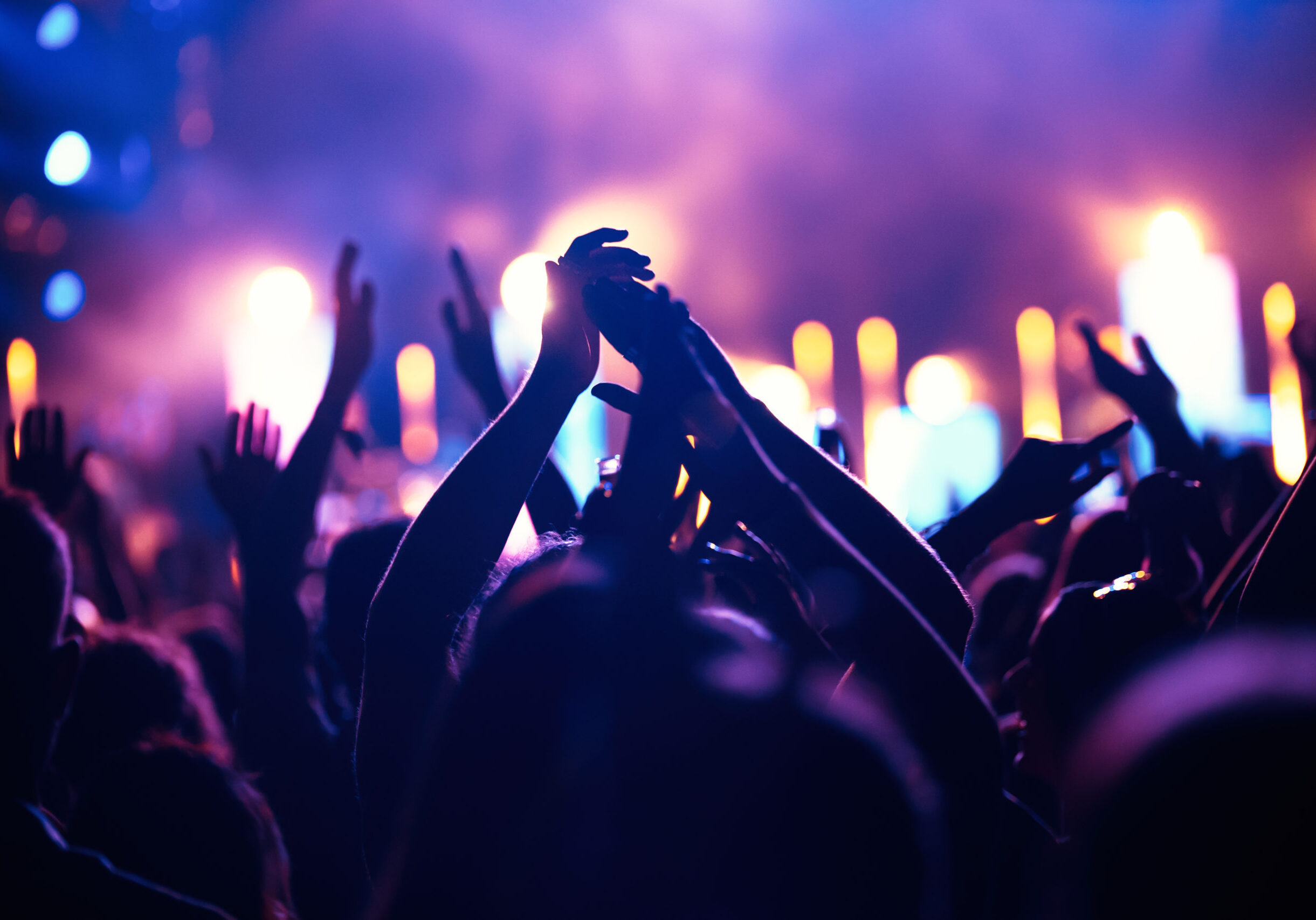 Happy cheering crowd with hands in air at music festival